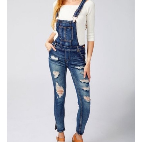 Dollhouse Distressed Denim Overalls Ripped Skinny Leg Slit Hem Size 11‎ - Picture 2 of 12